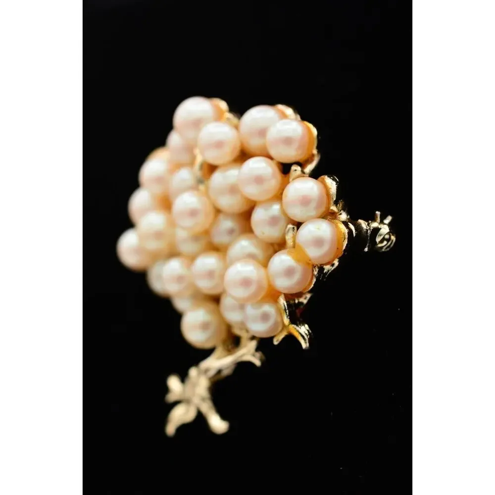 Vintage Tree Pin Brooch Faux Pearl Cluster Gold Tone Chunky Heavy 1980s BinAT